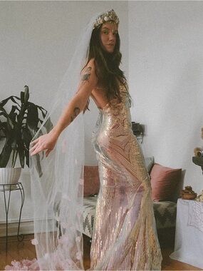 iridescent sequin formal maxi dress size large champagne multi
